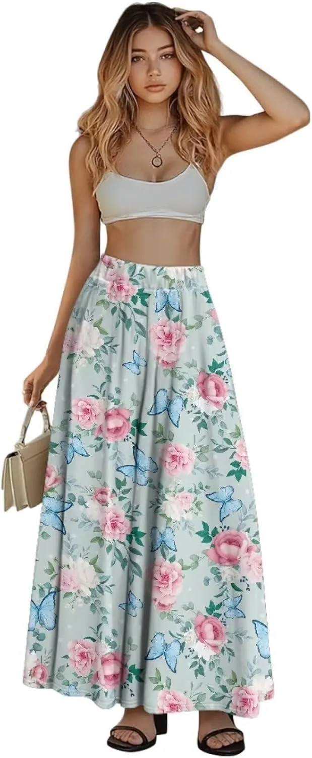Women's Flowy Maxi Skirt High Waisted Casual Stretch Skirts with Pockets Full Length Skirt for Party Festival S-2XL