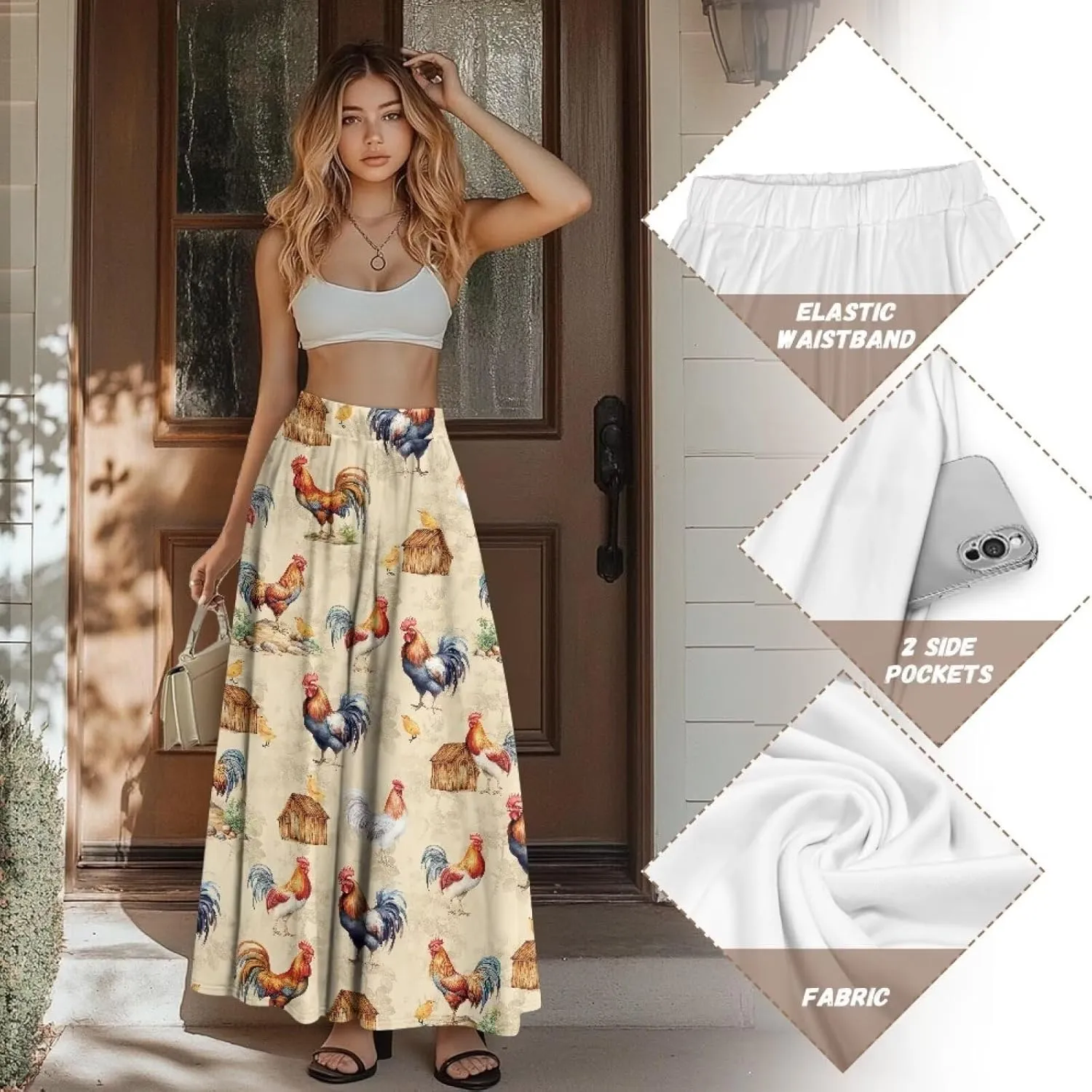 Women's Flowy Maxi Skirt High Waisted Casual Stretch Skirts with Pockets Full Length Skirt for Party Festival S-2XL