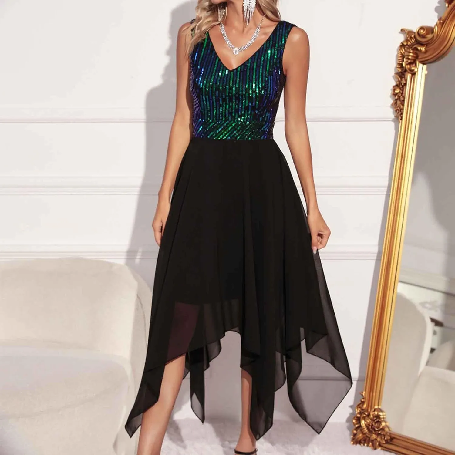 Womens Irregular Hem Sequin Dress Sleeveless V Neck Cockatil Dress High Waist Mesh Patchwork Evening Party Midi Gown