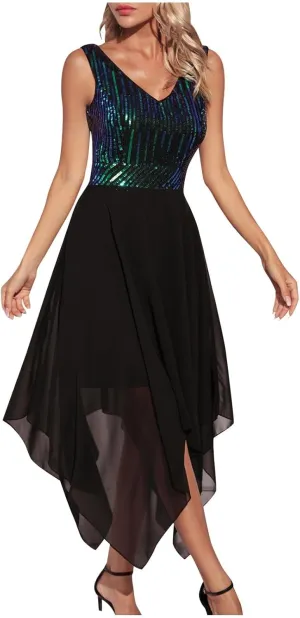 Womens Irregular Hem Sequin Dress Sleeveless V Neck Cockatil Dress High Waist Mesh Patchwork Evening Party Midi Gown