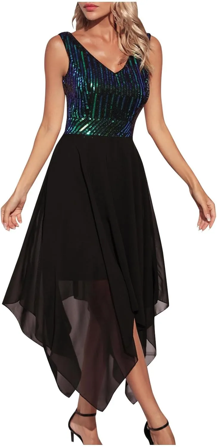 Womens Irregular Hem Sequin Dress Sleeveless V Neck Cockatil Dress High Waist Mesh Patchwork Evening Party Midi Gown