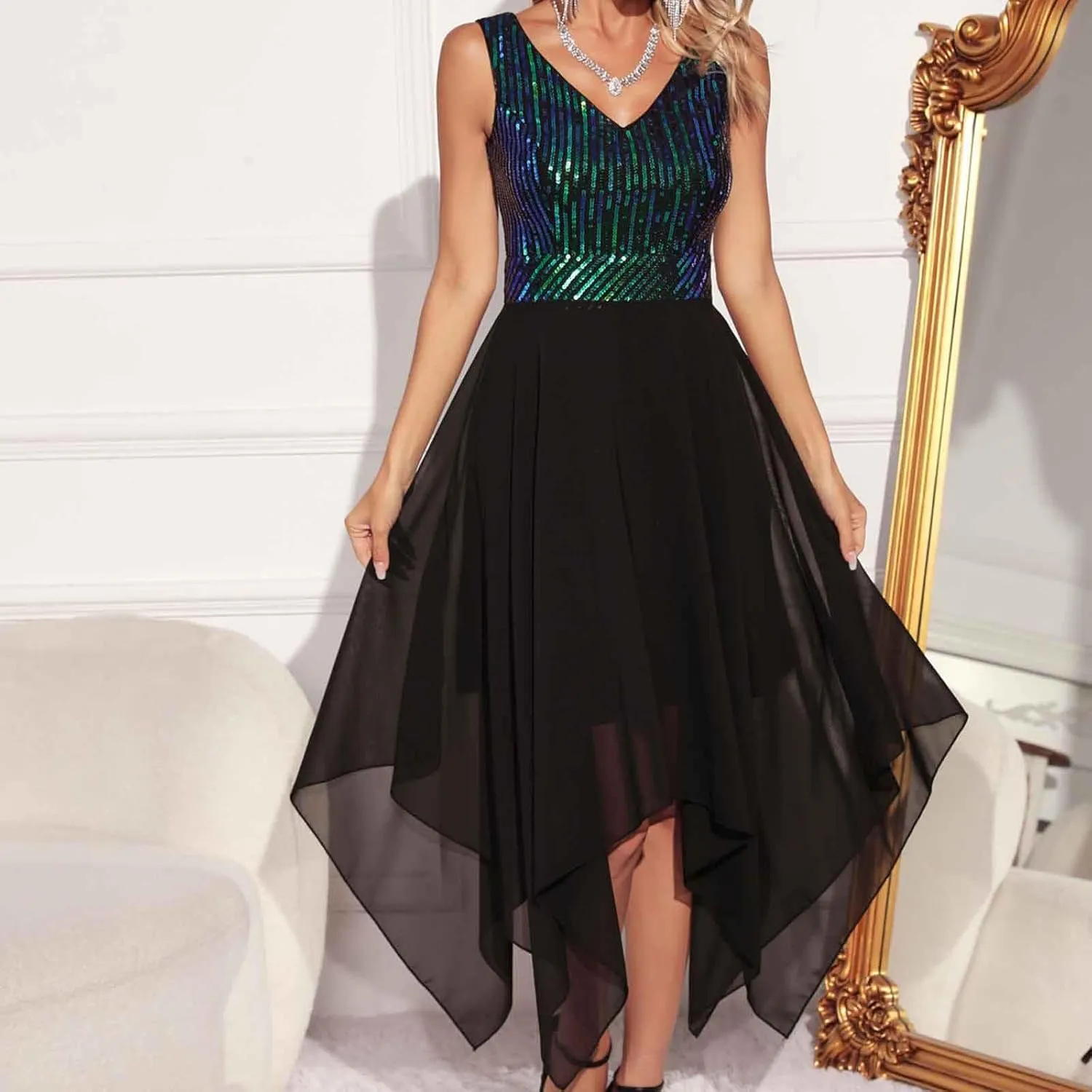 Womens Irregular Hem Sequin Dress Sleeveless V Neck Cockatil Dress High Waist Mesh Patchwork Evening Party Midi Gown