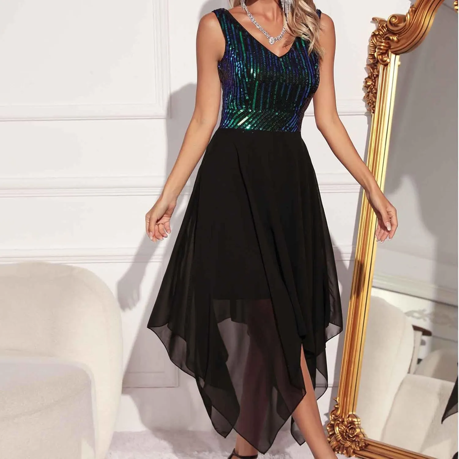 Womens Irregular Hem Sequin Dress Sleeveless V Neck Cockatil Dress High Waist Mesh Patchwork Evening Party Midi Gown