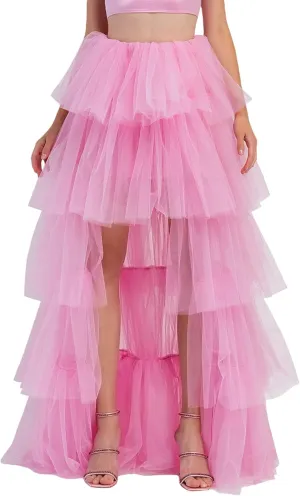 Women's Layered Tulle Long Skirt High Waist Maxi Skirt High Low Hem Tiered Long Skirts for Wedding Party Club