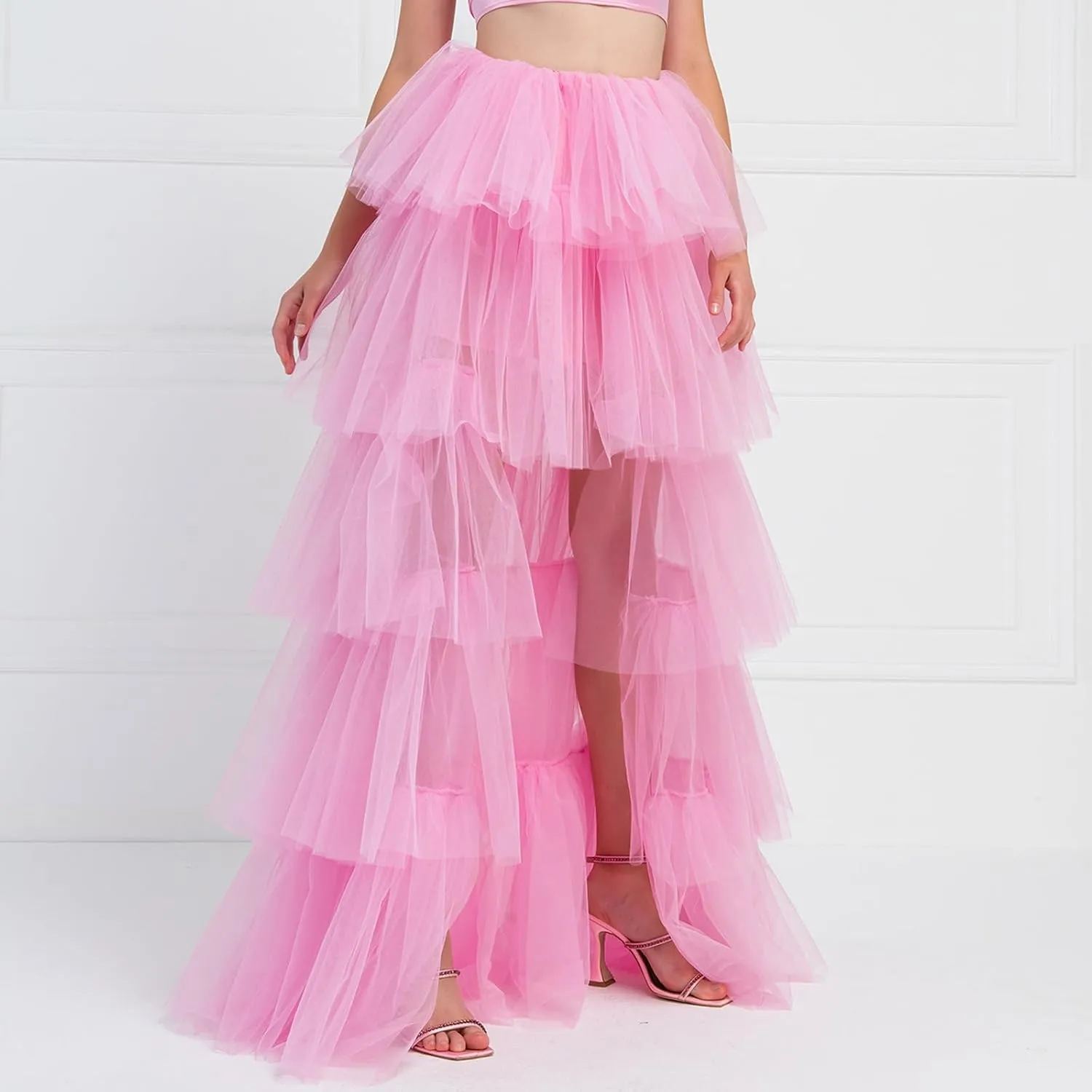 Women's Layered Tulle Long Skirt High Waist Maxi Skirt High Low Hem Tiered Long Skirts for Wedding Party Club