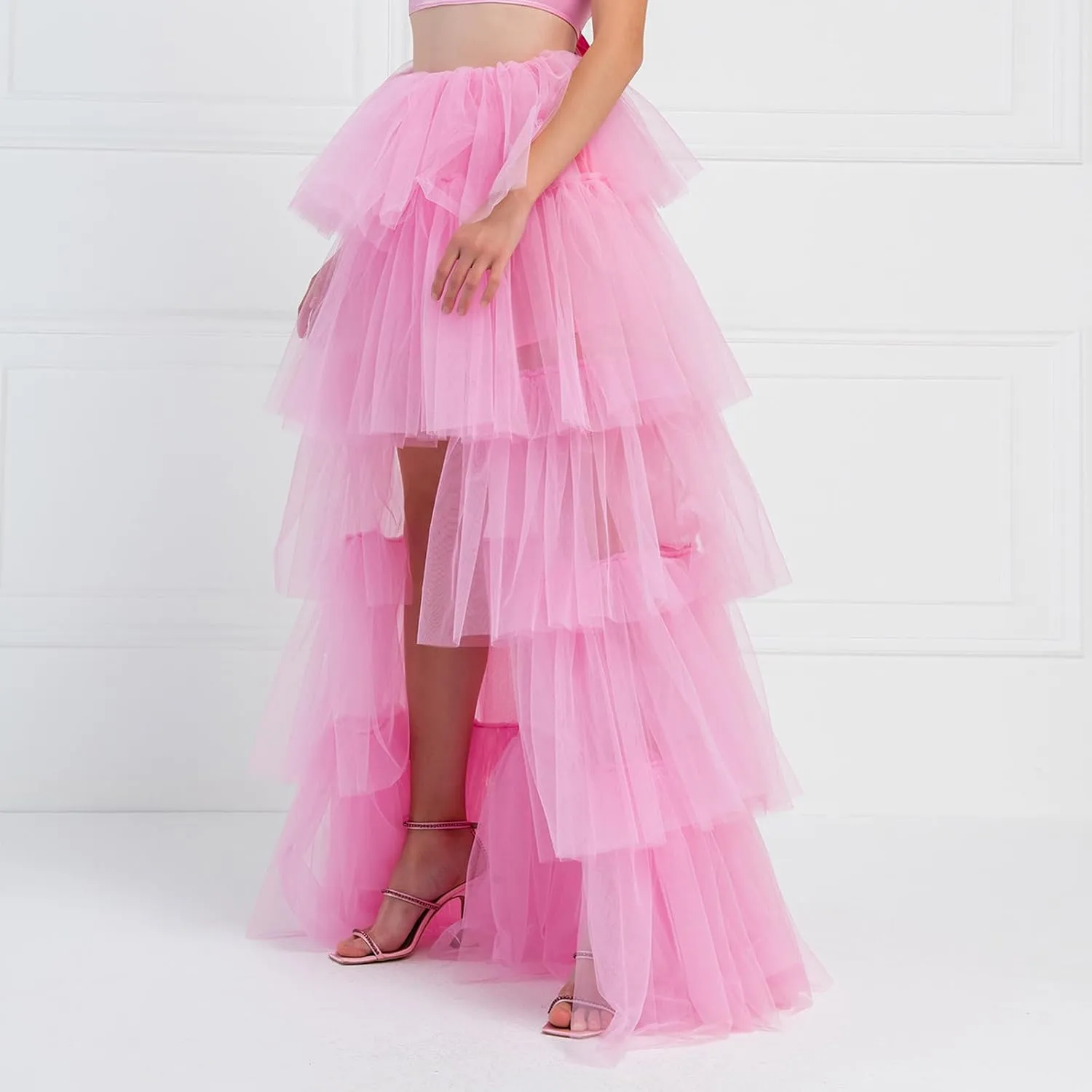 Women's Layered Tulle Long Skirt High Waist Maxi Skirt High Low Hem Tiered Long Skirts for Wedding Party Club
