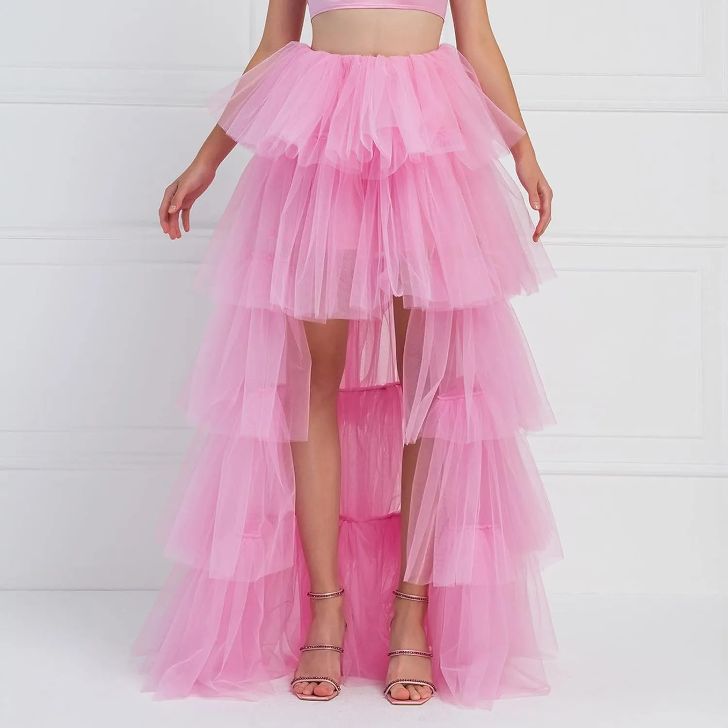 Women's Layered Tulle Long Skirt High Waist Maxi Skirt High Low Hem Tiered Long Skirts for Wedding Party Club