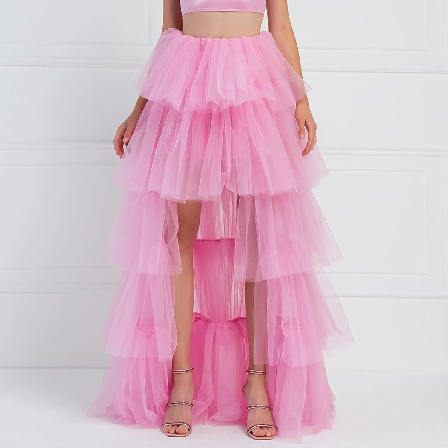 Women's Layered Tulle Long Skirt High Waist Maxi Skirt High Low Hem Tiered Long Skirts for Wedding Party Club