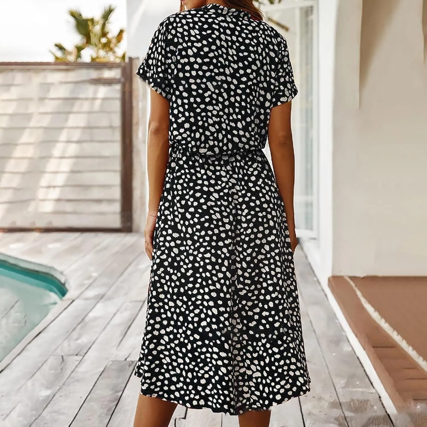 Women's Leopard Print Summer Dress Casual Floral Tie Front Button Up Boho Midi Tshirt Dresses Flowy Party Beach Dress