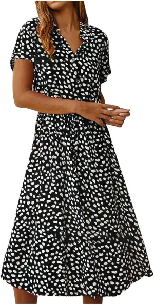 Women's Leopard Print Summer Dress Casual Floral Tie Front Button Up Boho Midi Tshirt Dresses Flowy Party Beach Dress