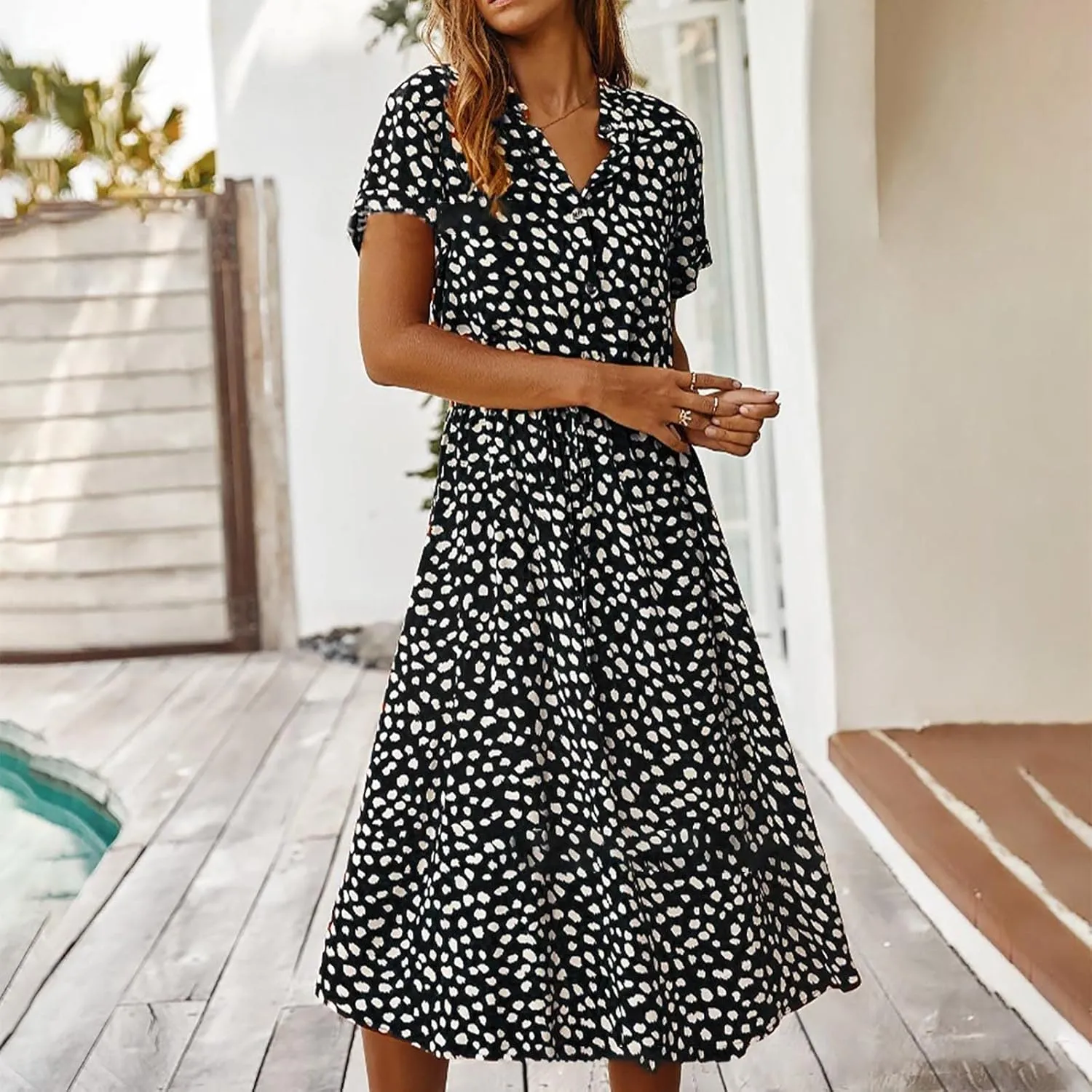 Women's Leopard Print Summer Dress Casual Floral Tie Front Button Up Boho Midi Tshirt Dresses Flowy Party Beach Dress