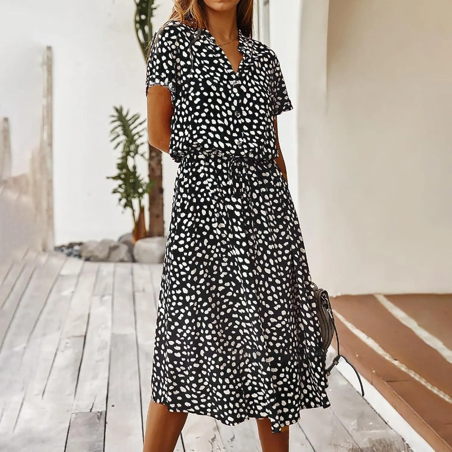 Women's Leopard Print Summer Dress Casual Floral Tie Front Button Up Boho Midi Tshirt Dresses Flowy Party Beach Dress