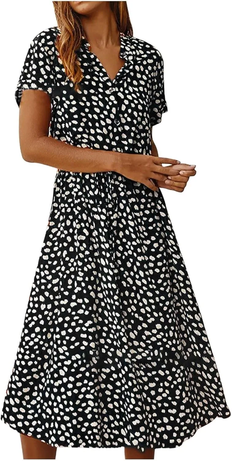 Women's Leopard Print Summer Dress Casual Floral Tie Front Button Up Boho Midi Tshirt Dresses Flowy Party Beach Dress