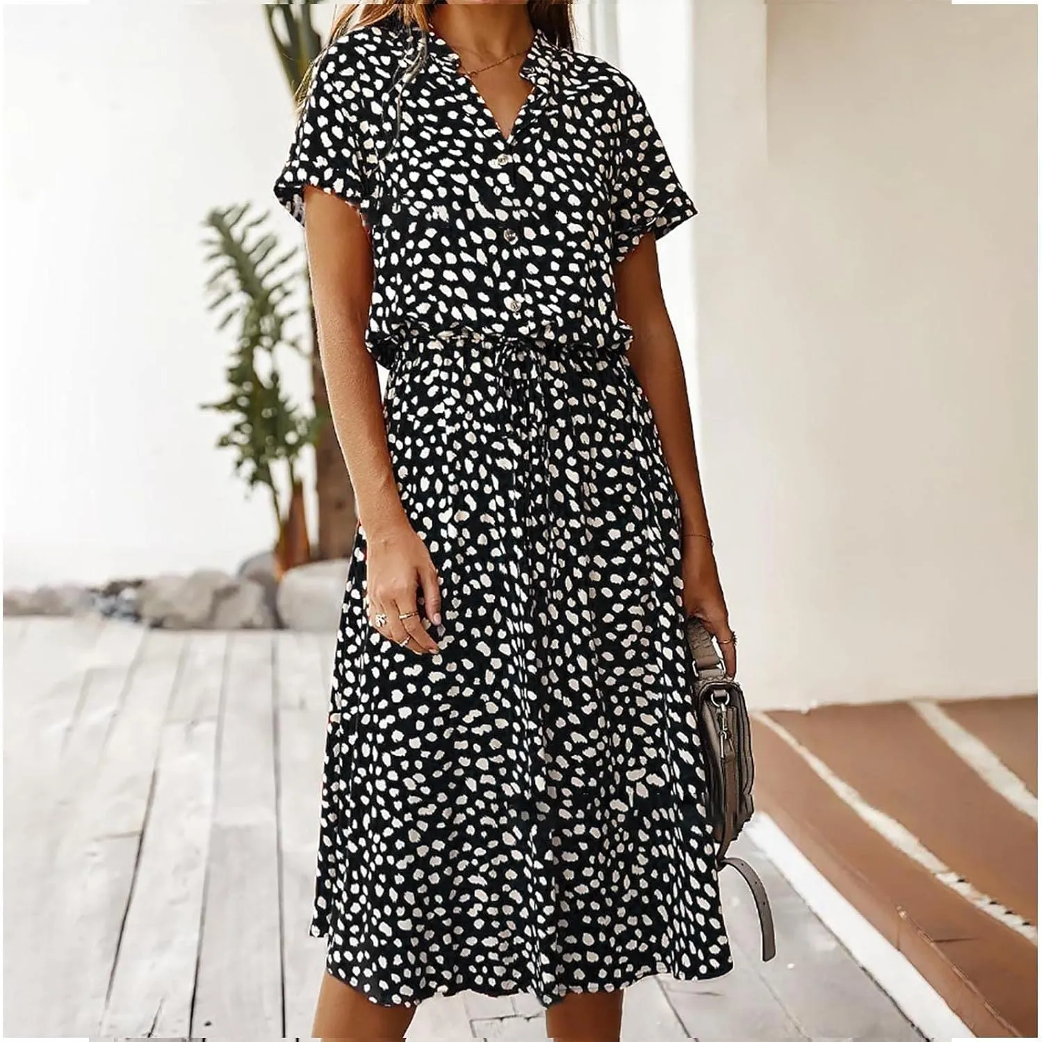 Women's Leopard Print Summer Dress Casual Floral Tie Front Button Up Boho Midi Tshirt Dresses Flowy Party Beach Dress