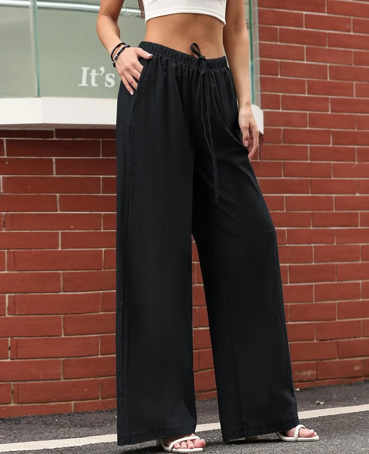 Women's Linen Summer Palazzo Pants Casual Loose Flowy Wide Leg Beach Pants with Pockets