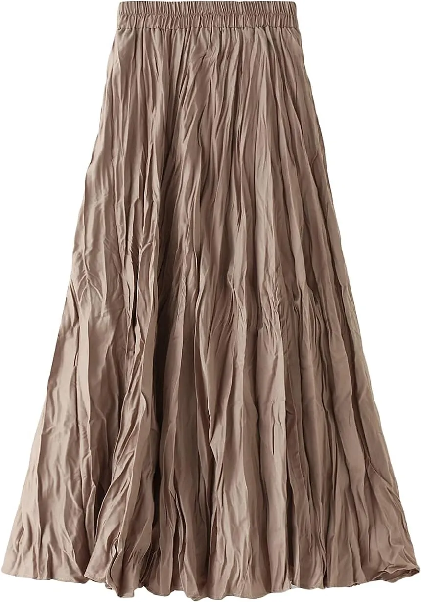 Women's Long Skirt High Waist Elastic Pleated Skirt Ballet Wedding Prom Party A-Line Casual Swing Midi Skirt