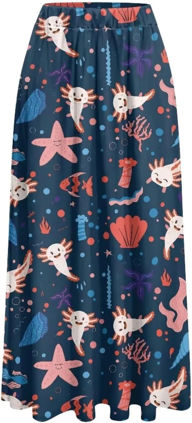 Women's Long Skirt High Waisted Casual Stretch Flowy Swing Skirts with Pockets Floral Skirt for Party Festival