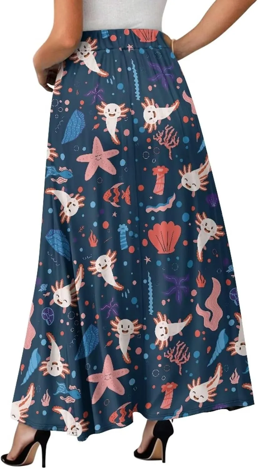 Women's Long Skirt High Waisted Casual Stretch Flowy Swing Skirts with Pockets Floral Skirt for Party Festival