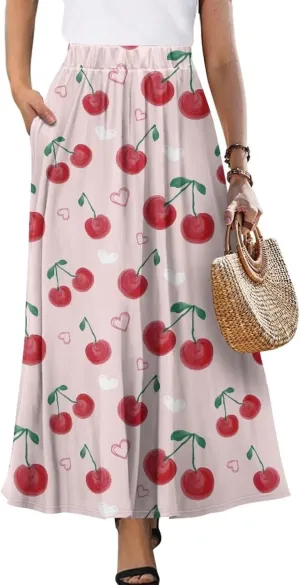 Women's Long Skirt High Waisted Casual Stretch Flowy Swing Skirts with Pockets Floral Skirt for Party Festival