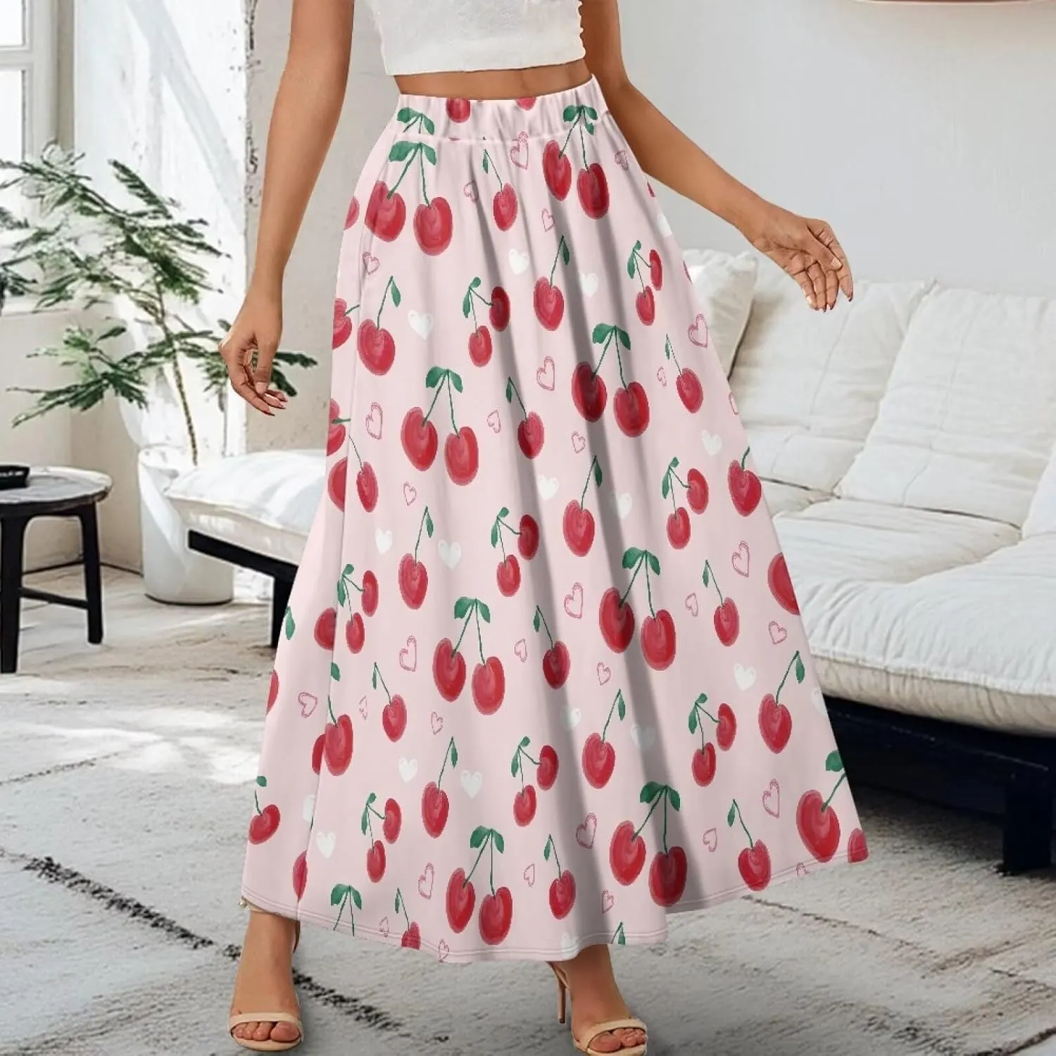 Women's Long Skirt High Waisted Casual Stretch Flowy Swing Skirts with Pockets Floral Skirt for Party Festival
