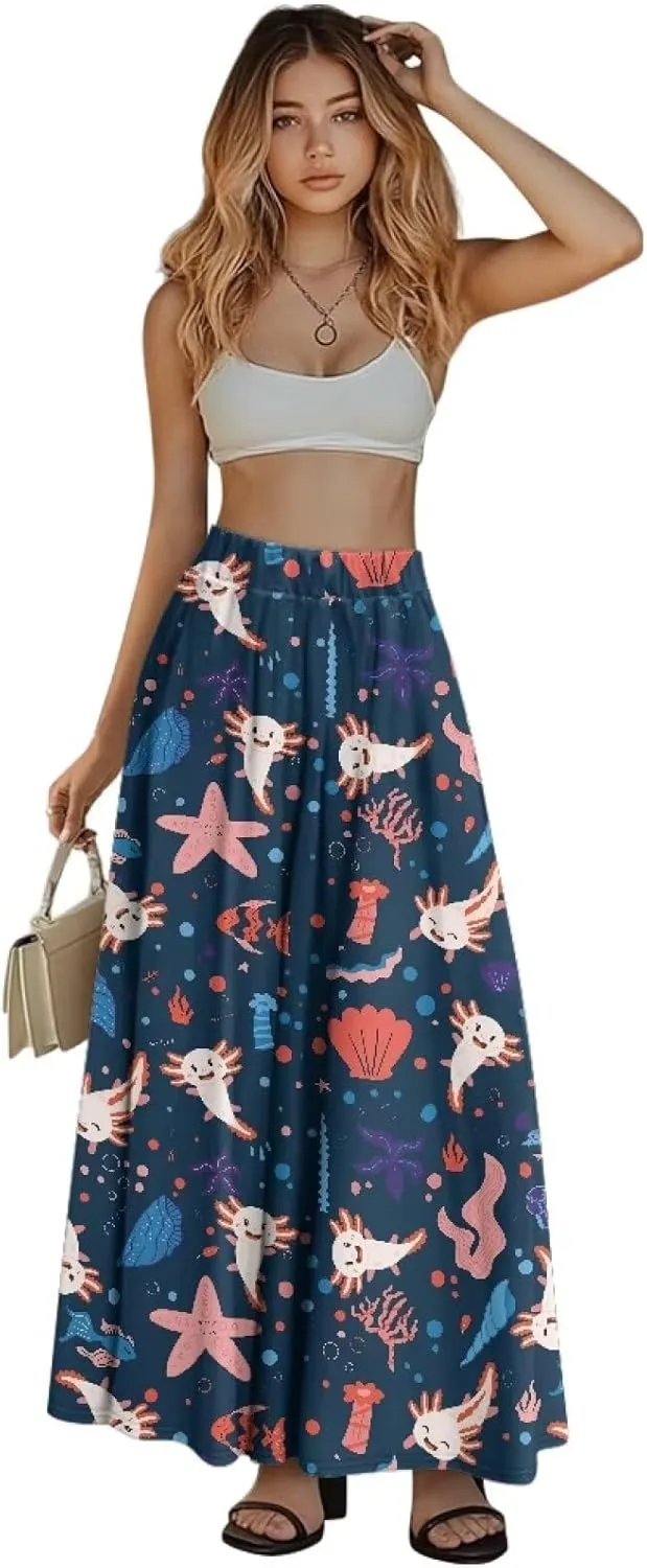 Women's Long Skirt High Waisted Casual Stretch Flowy Swing Skirts with Pockets Floral Skirt for Party Festival