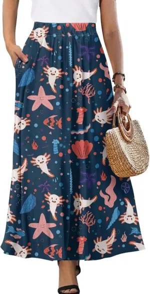 Women's Long Skirt High Waisted Casual Stretch Flowy Swing Skirts with Pockets Floral Skirt for Party Festival