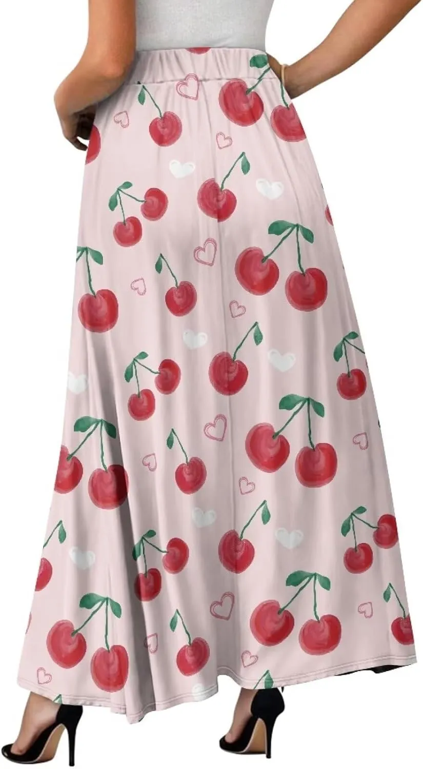 Women's Long Skirt High Waisted Casual Stretch Flowy Swing Skirts with Pockets Floral Skirt for Party Festival
