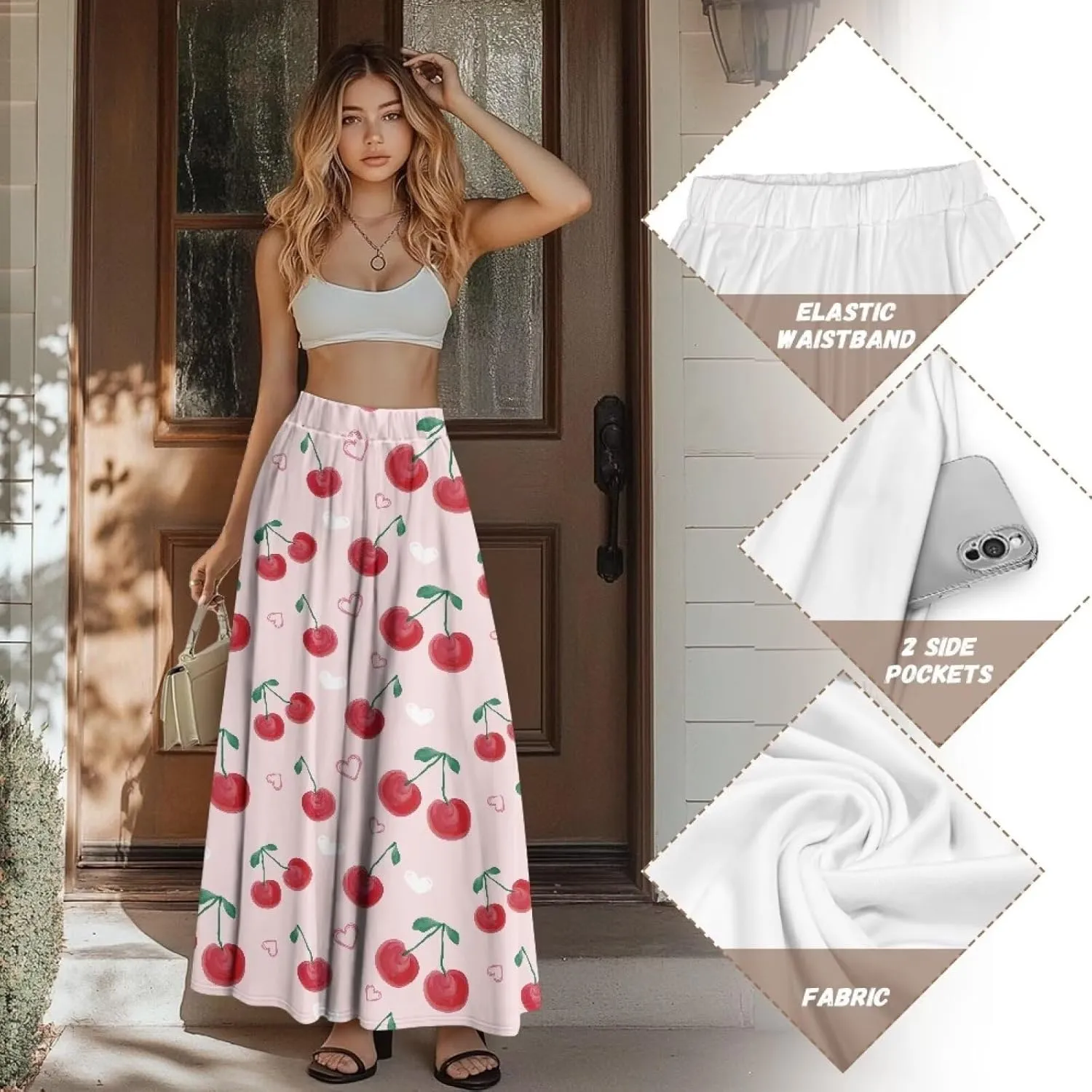 Women's Long Skirt High Waisted Casual Stretch Flowy Swing Skirts with Pockets Floral Skirt for Party Festival