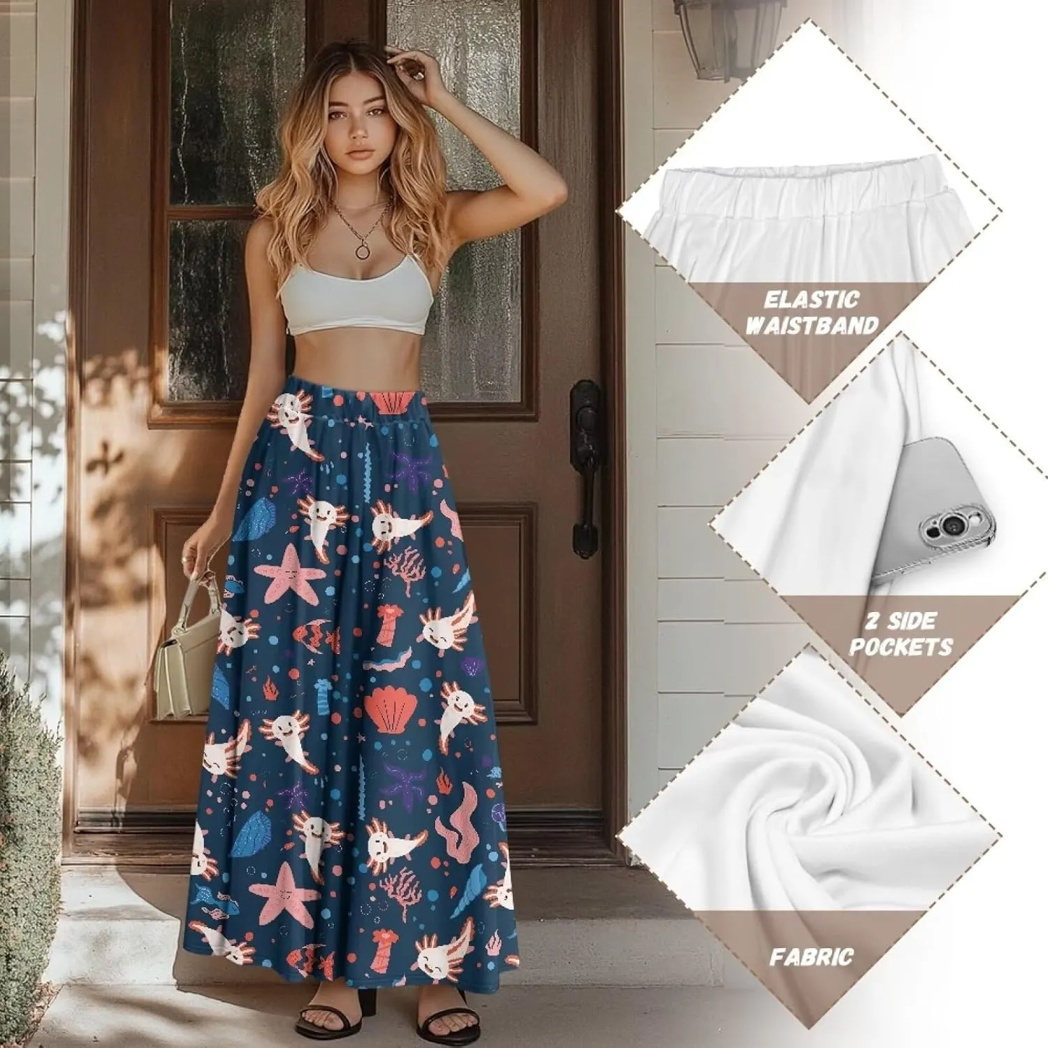 Women's Long Skirt High Waisted Casual Stretch Flowy Swing Skirts with Pockets Floral Skirt for Party Festival