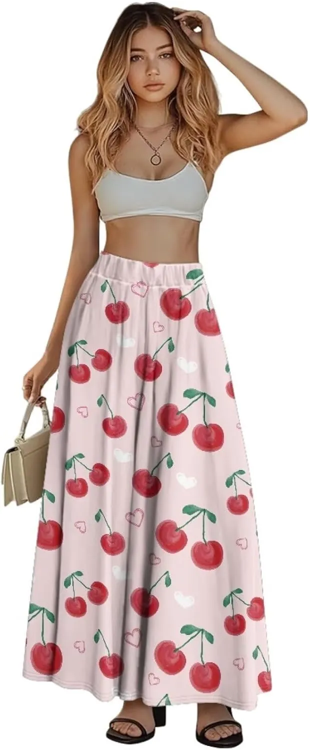 Women's Long Skirt High Waisted Casual Stretch Flowy Swing Skirts with Pockets Floral Skirt for Party Festival