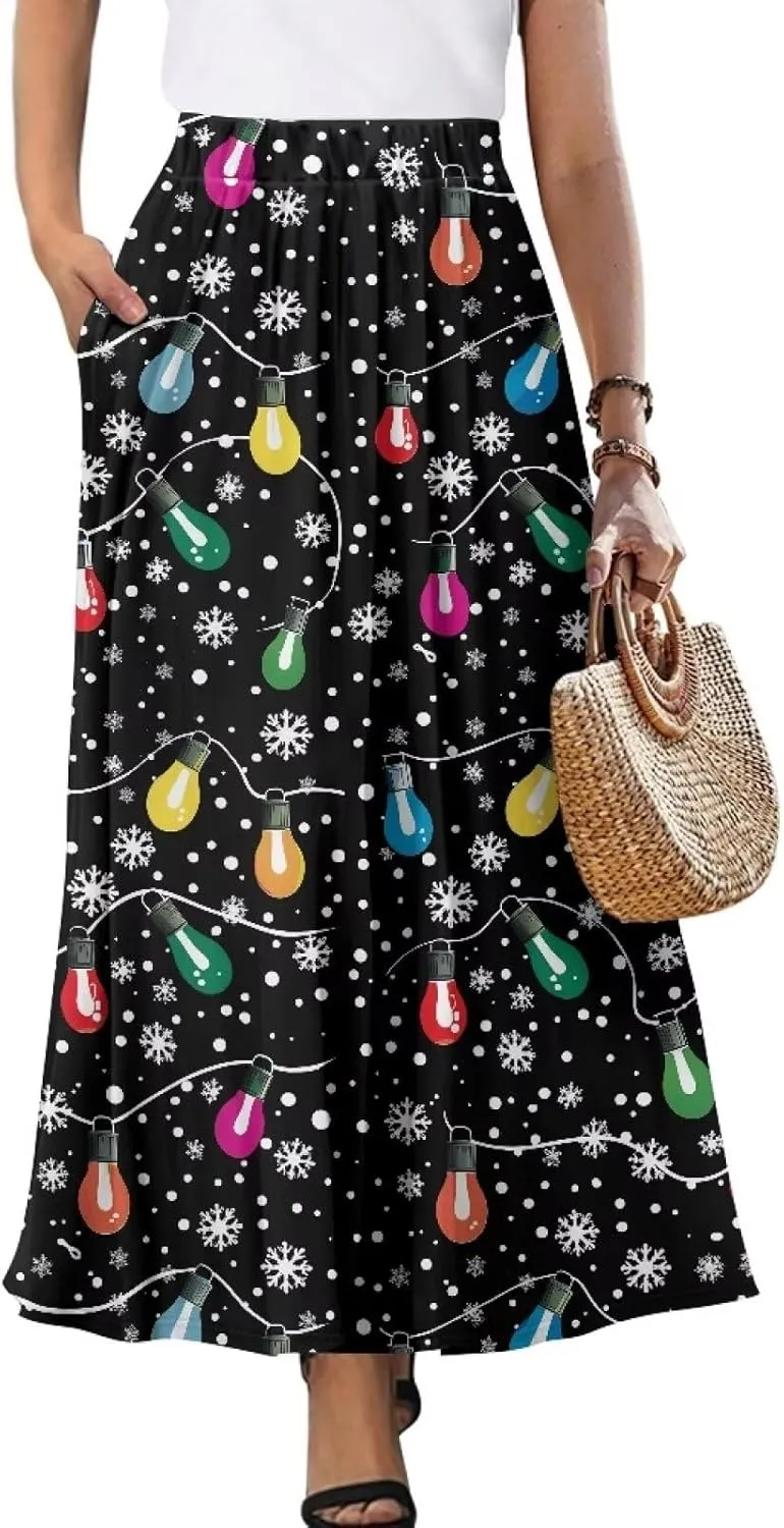 Women's Maxi High Waist Pleated Skirt with Pockets Lightweight Casual Long Skirts Flowy Swing Ankle Length