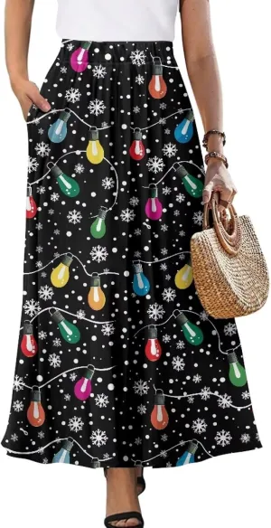 Women's Maxi High Waist Pleated Skirt with Pockets Lightweight Casual Long Skirts Flowy Swing Ankle Length