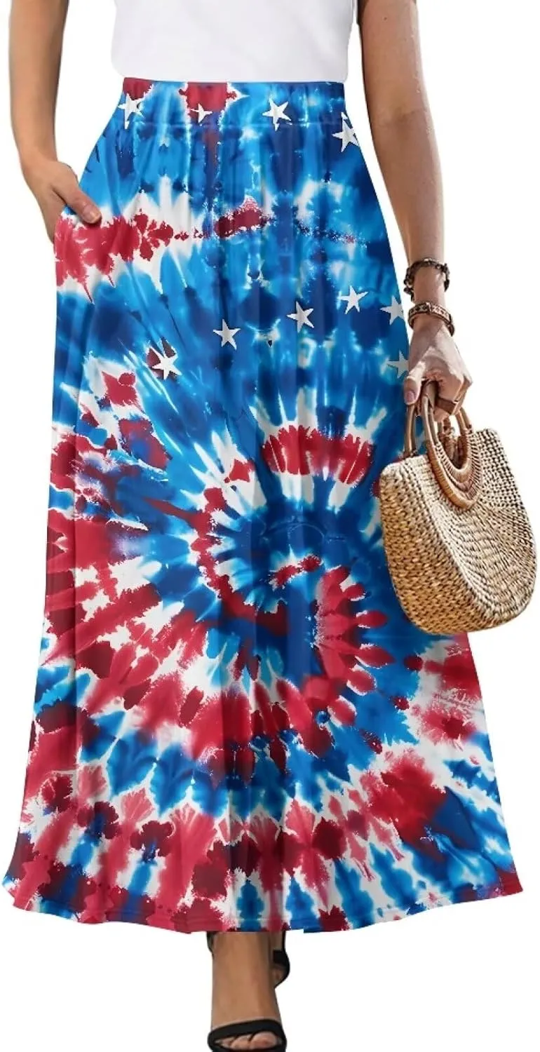 Women's Maxi Skirt High Waisted Stretch Flowy Swing Long Skirts with Pockets Floral Skirt for Casual Festival S-2XL