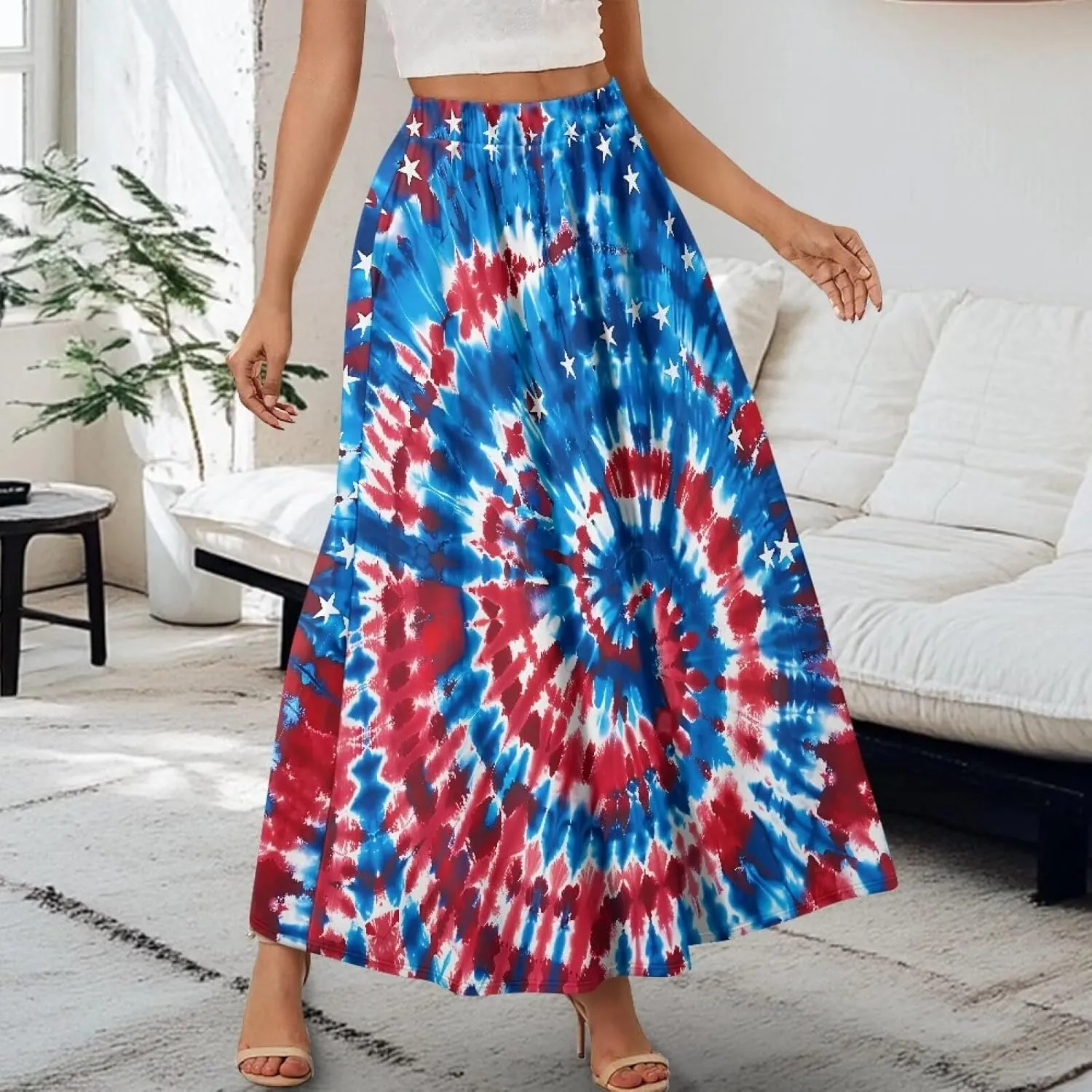 Women's Maxi Skirt High Waisted Stretch Flowy Swing Long Skirts with Pockets Floral Skirt for Casual Festival S-2XL