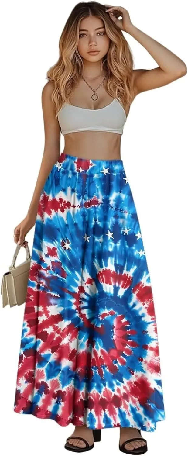 Women's Maxi Skirt High Waisted Stretch Flowy Swing Long Skirts with Pockets Floral Skirt for Casual Festival S-2XL