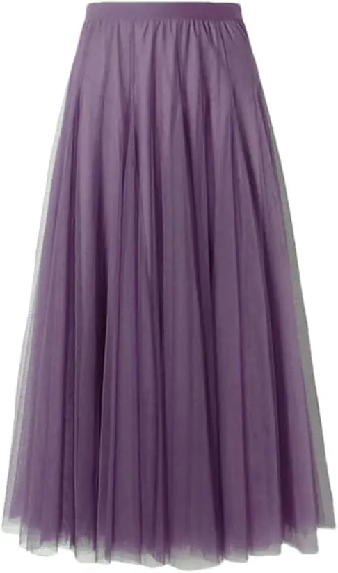 Women's Mesh Elastic High Waist Long Skirt Solid Pleated Midi Skirts