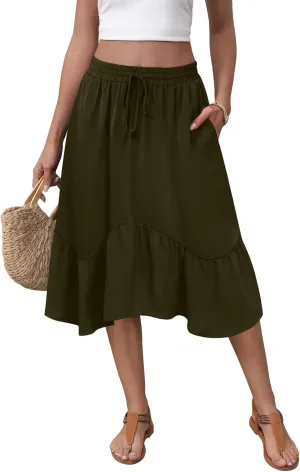 Women's Midi Skirt Summer Flowy Tiered Asymmetrical High Waisted Casual Skirts with Pockets