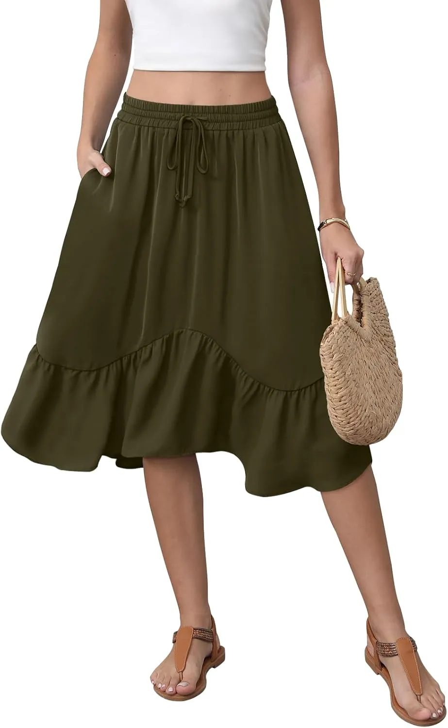 Women's Midi Skirt Summer Flowy Tiered Asymmetrical High Waisted Casual Skirts with Pockets