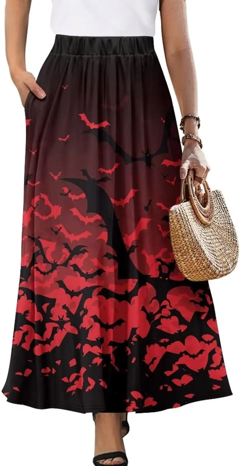 Womens Plus Size Maxi Skirt Casual High Waist Pleated Long Skirts 2024 with Pockets Ankle Length Flowy Swing
