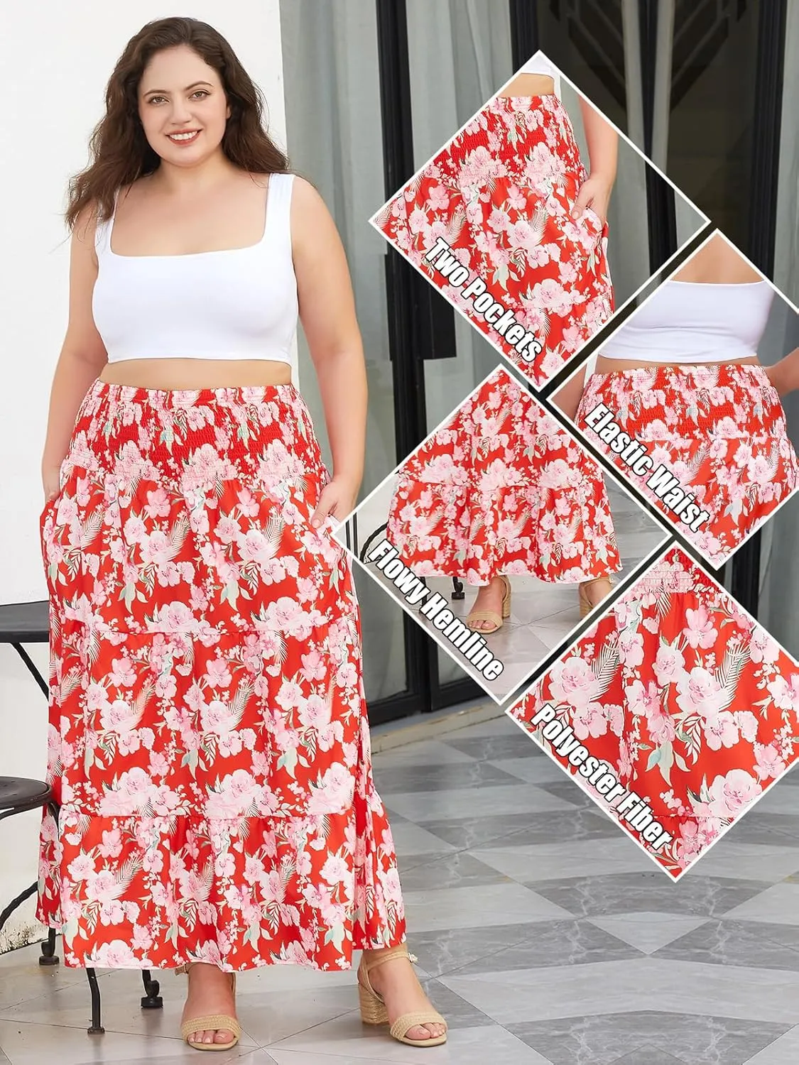 Women's Plus Size Maxi Skirt High Waist Pleated Flowy Floral Long Skirts with Pockets