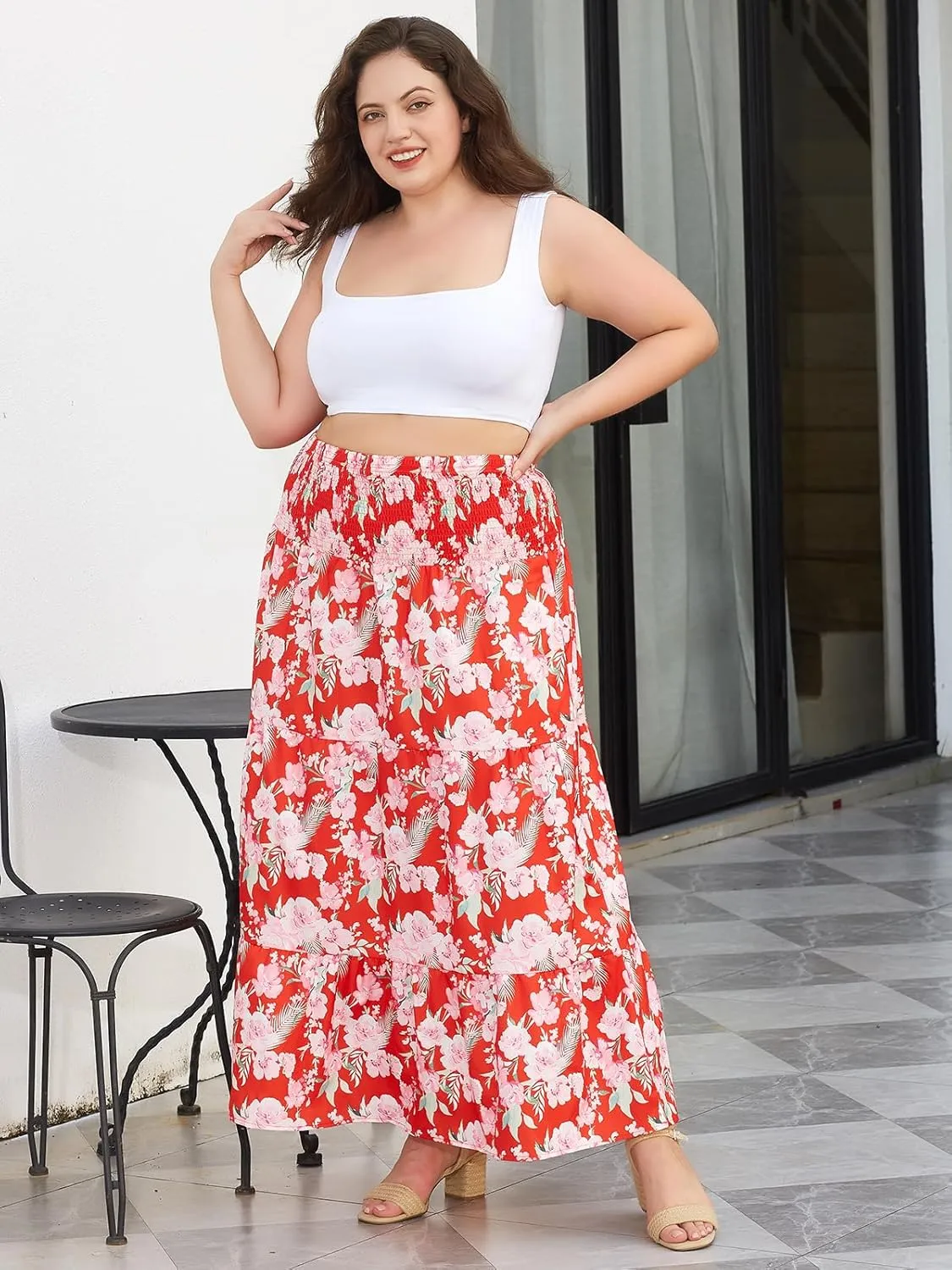 Women's Plus Size Maxi Skirt High Waist Pleated Flowy Floral Long Skirts with Pockets
