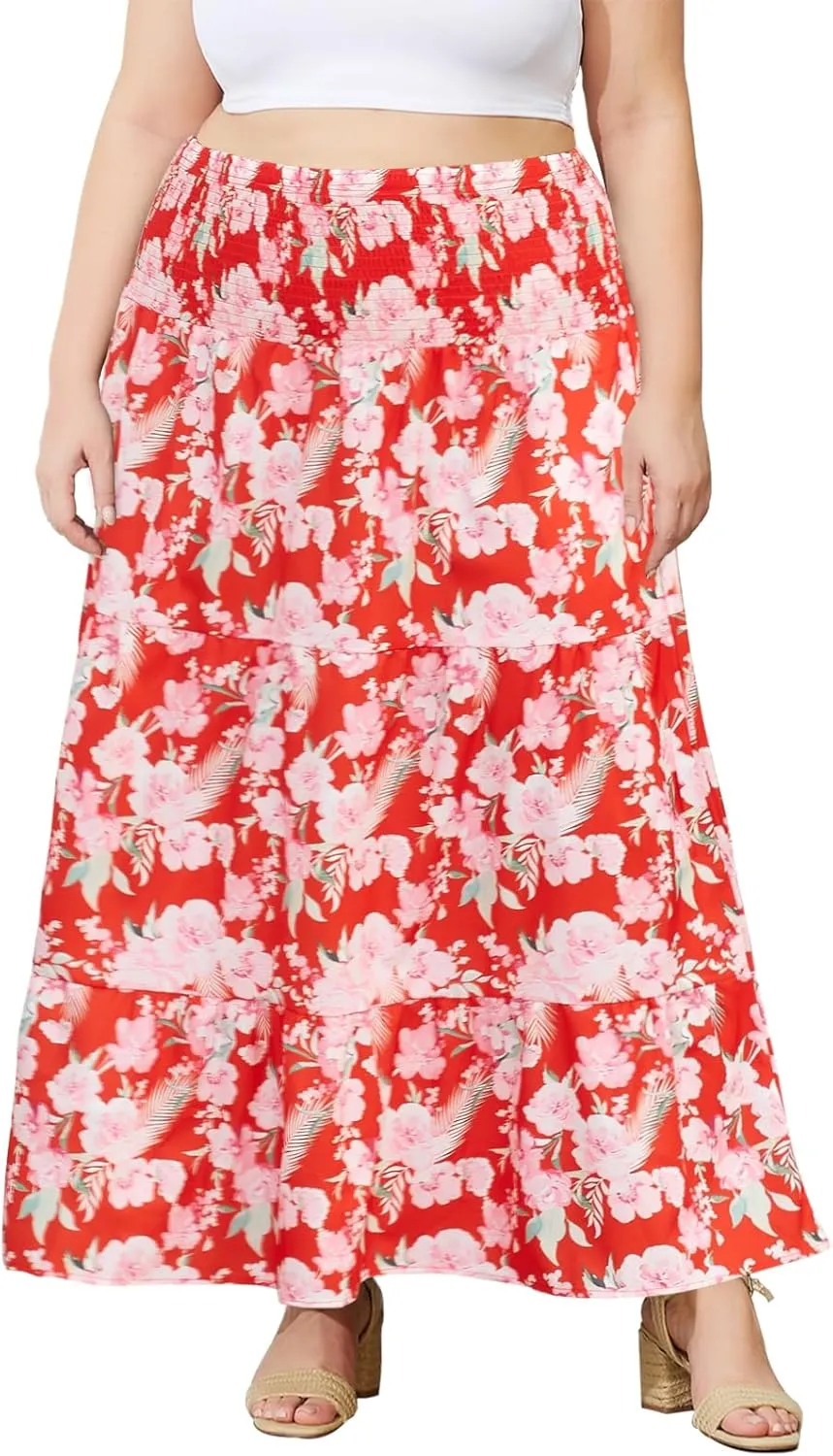 Women's Plus Size Maxi Skirt High Waist Pleated Flowy Floral Long Skirts with Pockets