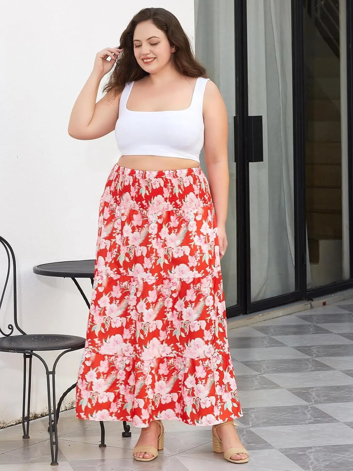 Women's Plus Size Maxi Skirt High Waist Pleated Flowy Floral Long Skirts with Pockets