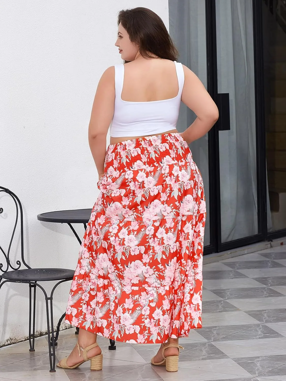 Women's Plus Size Maxi Skirt High Waist Pleated Flowy Floral Long Skirts with Pockets