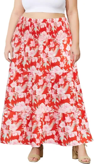 Women's Plus Size Maxi Skirt High Waist Pleated Flowy Floral Long Skirts with Pockets