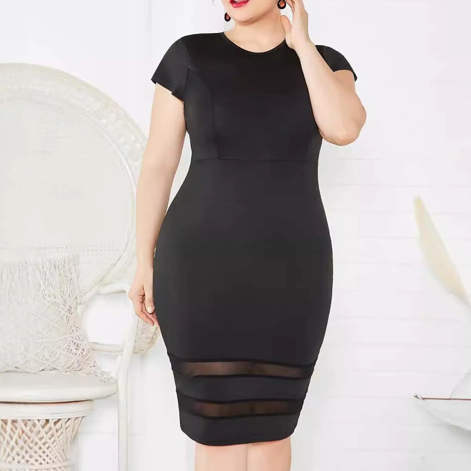 Women's Plus Size Pencil Midi Dress, Short Sleeve Crewneck Slim Fit Cocktail Party Dresses Solid Comfy Trendy Clothes