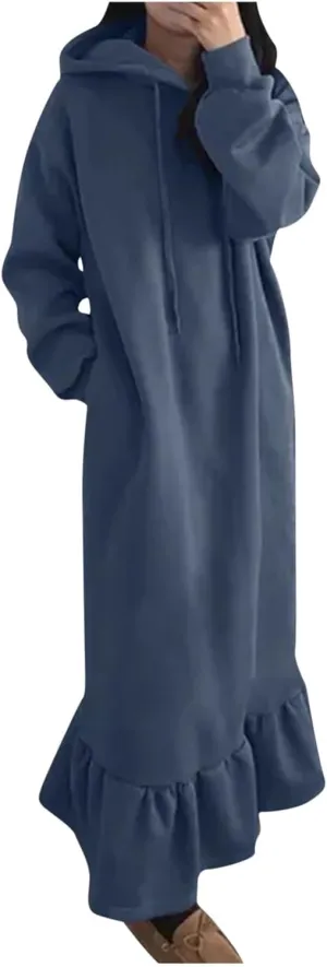 Women's Ruffle Hem Winter Maxi Sweatshirt Dress Plus Size Hooded Long Sleeve Casual Loose Fit Robe Shirt Dresses
