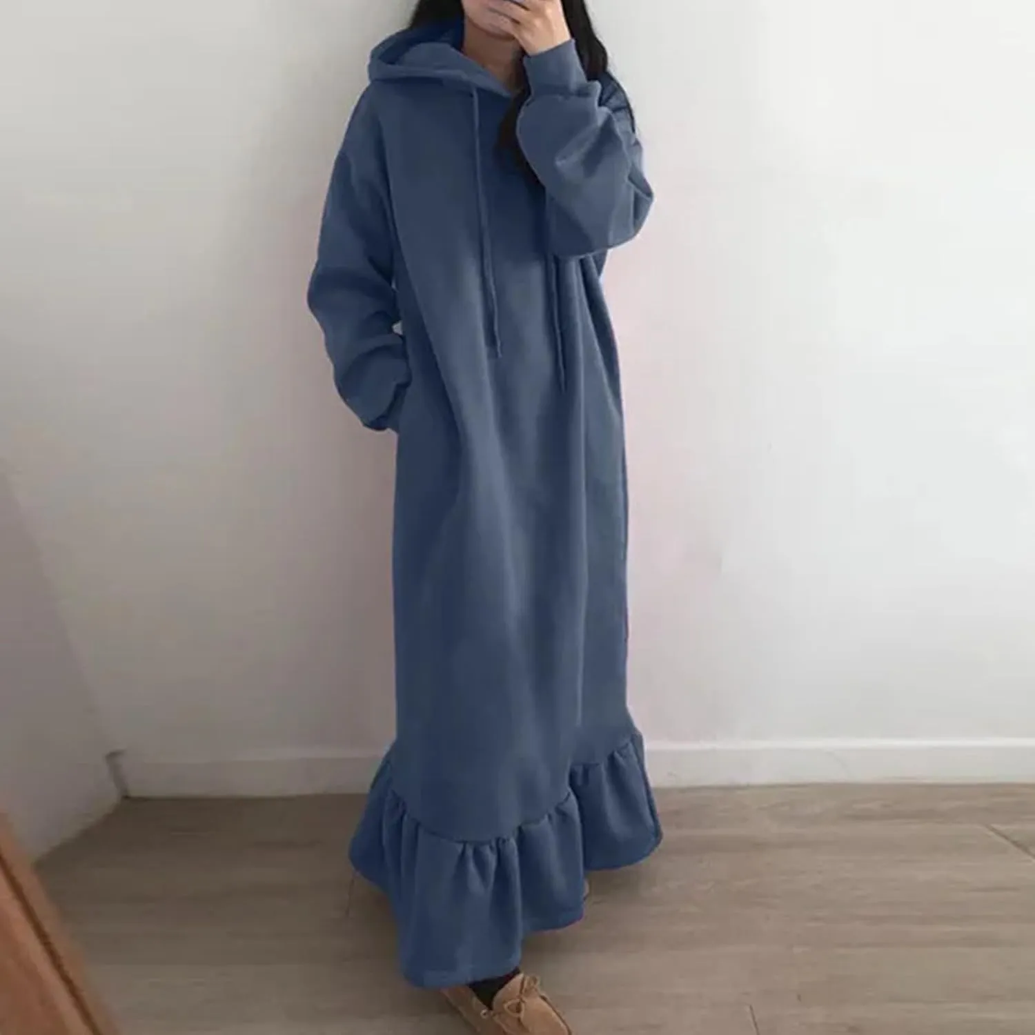 Women's Ruffle Hem Winter Maxi Sweatshirt Dress Plus Size Hooded Long Sleeve Casual Loose Fit Robe Shirt Dresses
