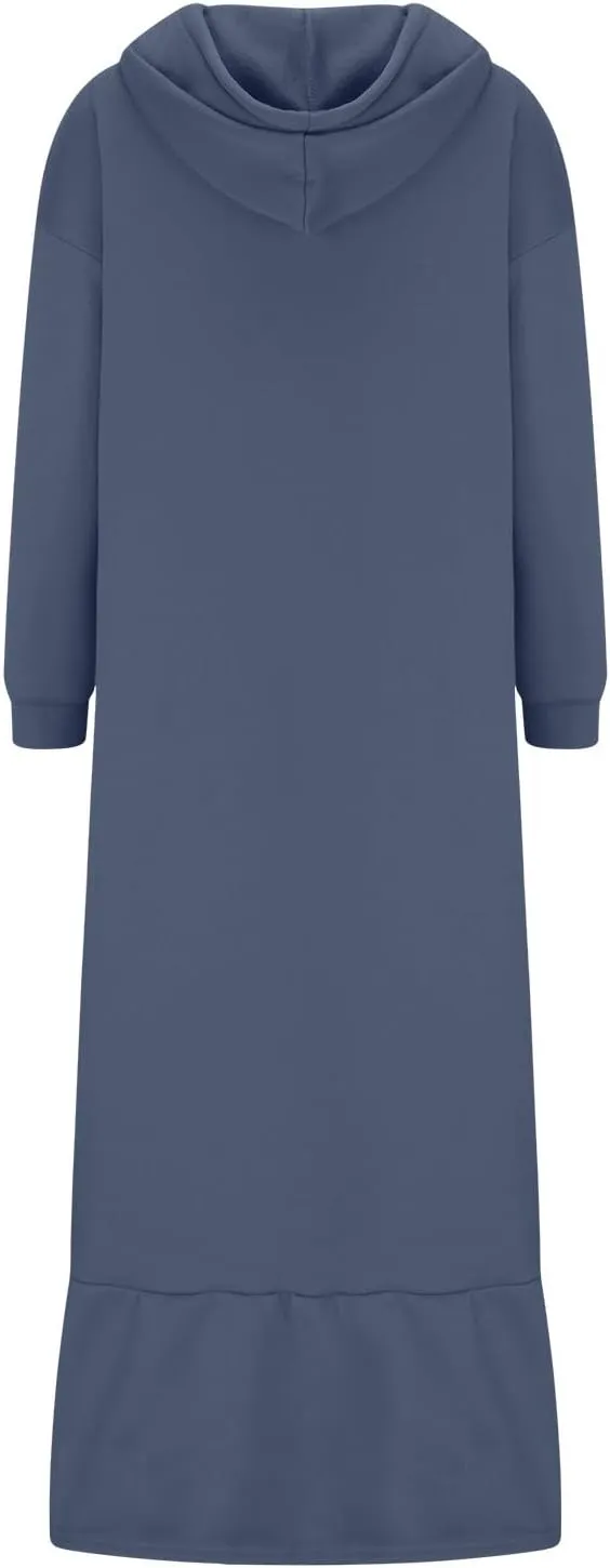 Women's Ruffle Hem Winter Maxi Sweatshirt Dress Plus Size Hooded Long Sleeve Casual Loose Fit Robe Shirt Dresses