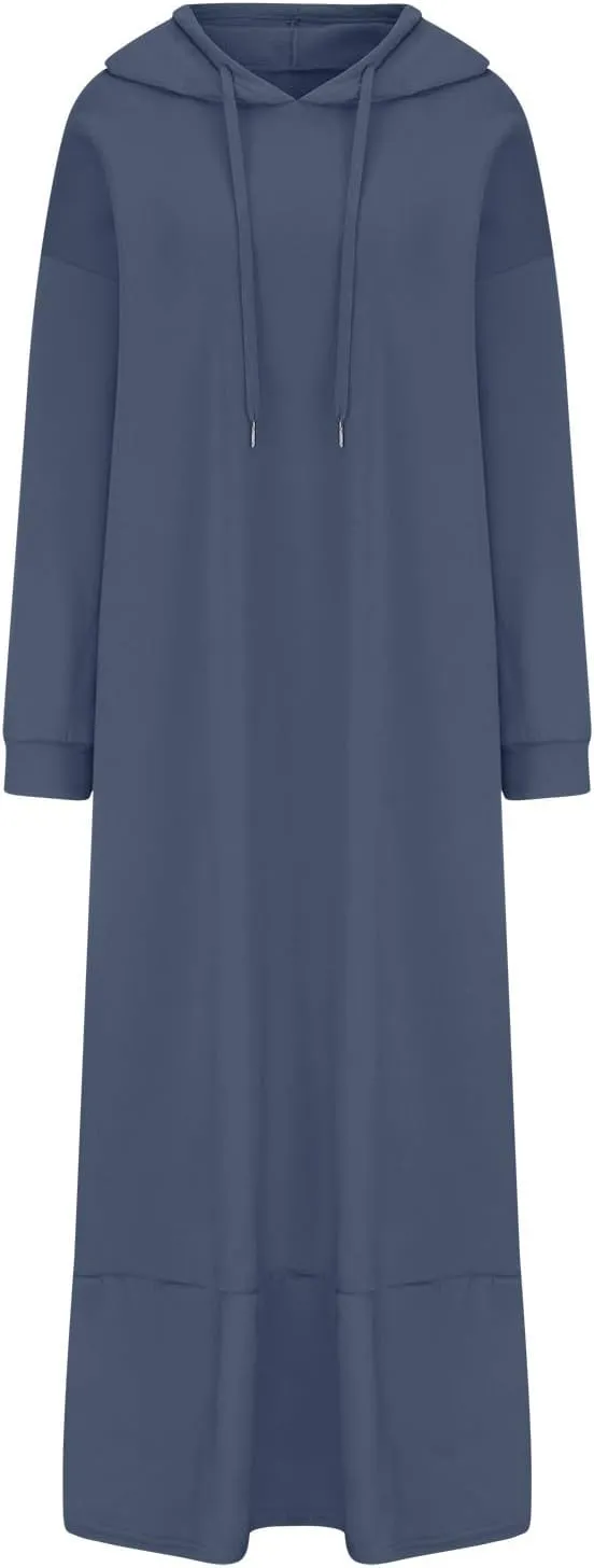 Women's Ruffle Hem Winter Maxi Sweatshirt Dress Plus Size Hooded Long Sleeve Casual Loose Fit Robe Shirt Dresses